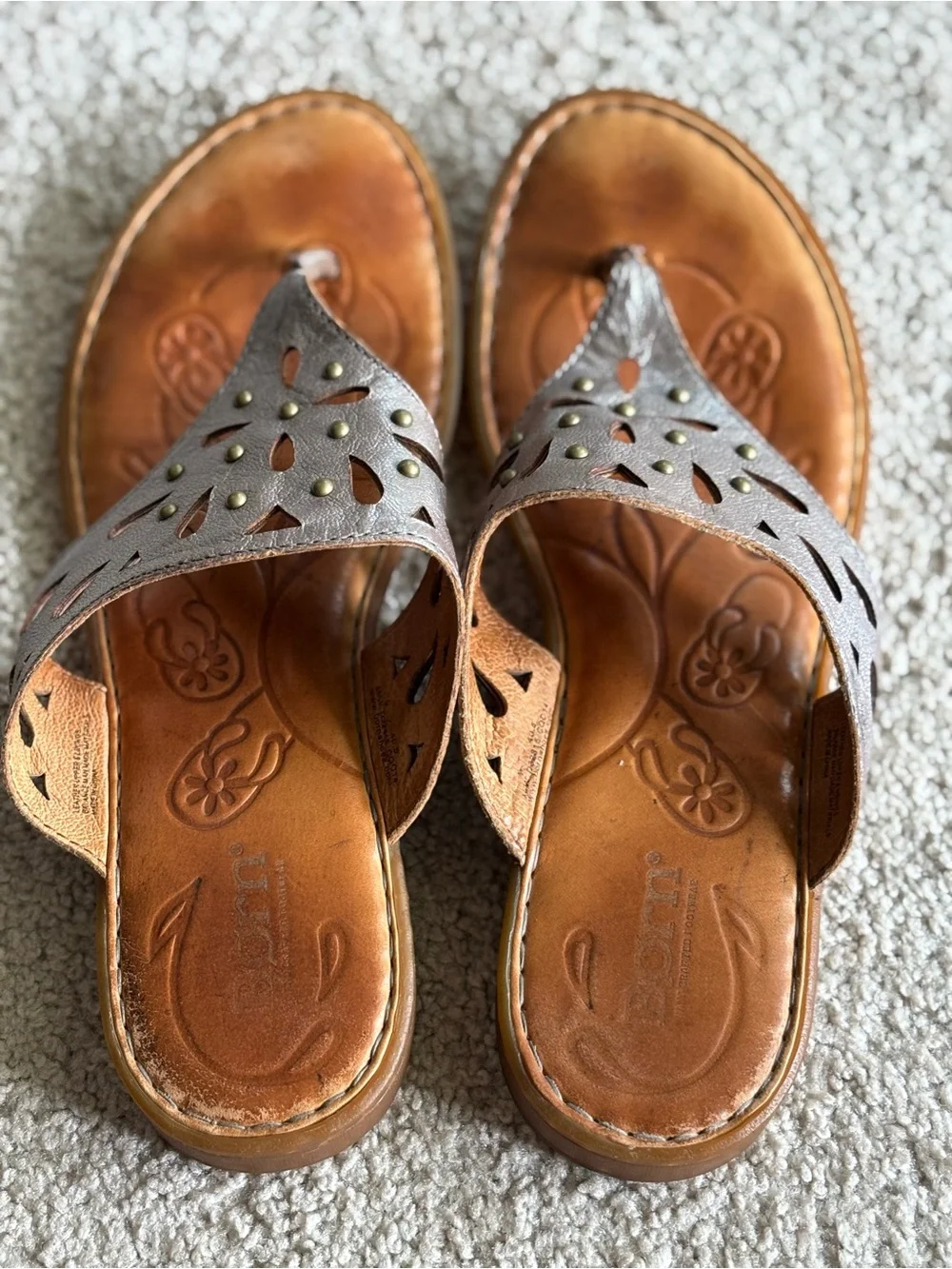 Born Brown Leather Cutout Toe-Post Sandals with Stud Accents